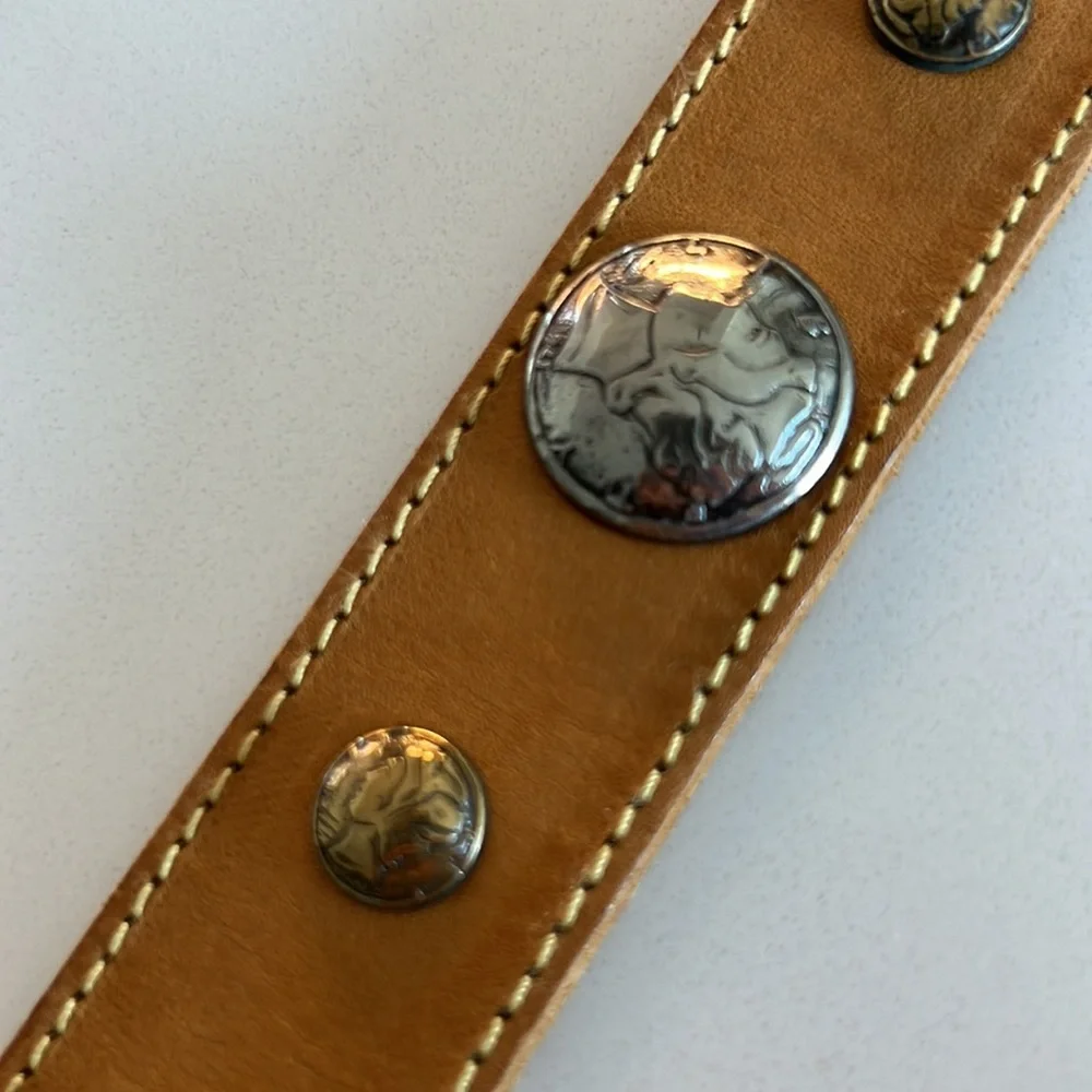 VTG Mustard Yellow Leather Coin Belt Brass Silver Metal Medallions Western Boho